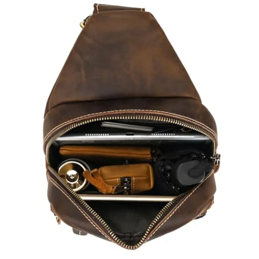 Genuine Leather Sling Bag Multi Pocket Crossbody Backpack Travel Sport